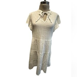 Cream Textured Short Sleeve Dress